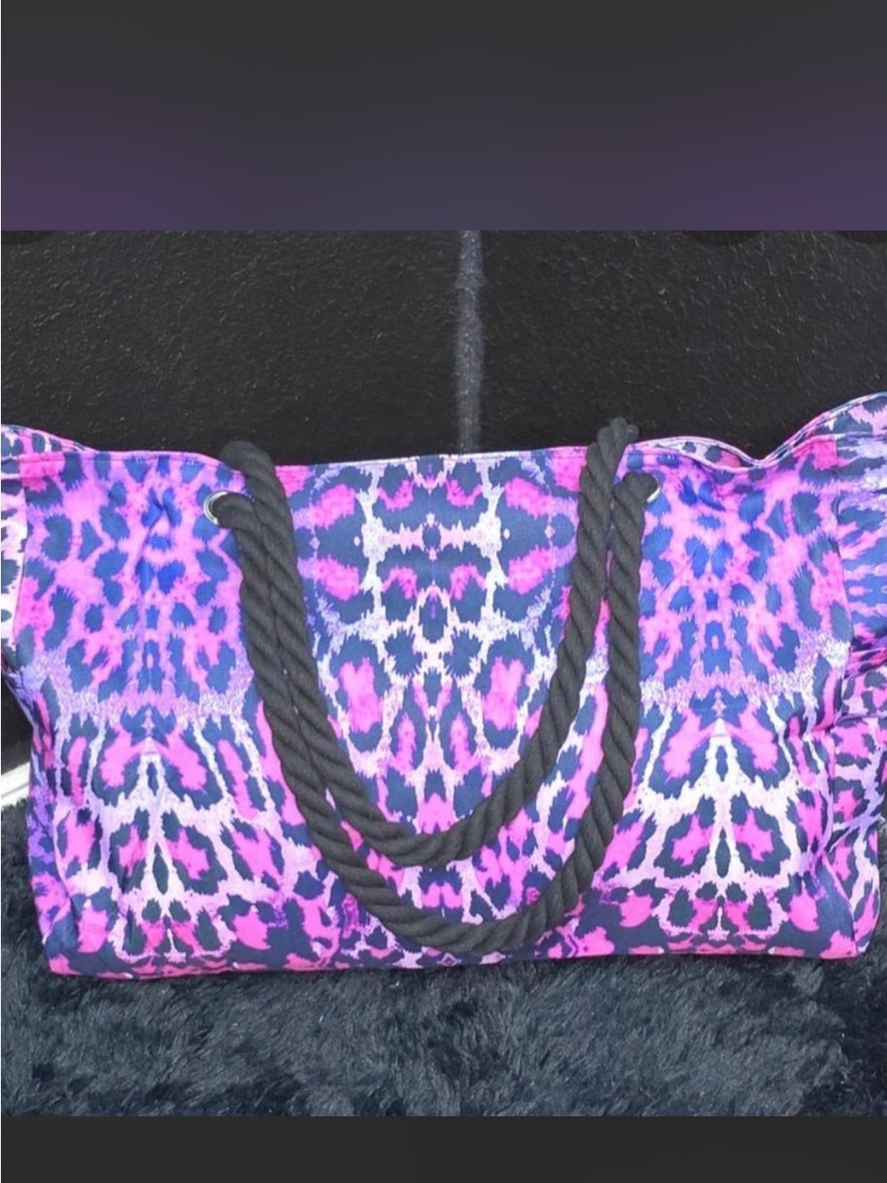 Vibrant Purple & Pink Patterned Tote with Black Rope Handles